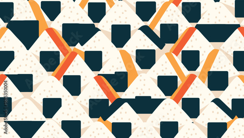 Seamless pattern shows a dense arrangement of Japanese onigiri rice balls wrapped in seaweed for a fun and appetizing food illustration.