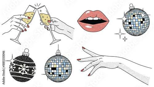 Festive collage of party elements features toasting champagne glasses, a disco ball, shimmering ornaments, and stylish female hands.
