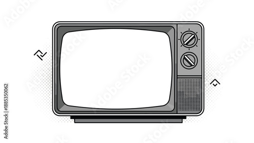 Simple black and white line drawing of a retro television set with manual knobs and a dotted speaker grill captures a classic vintage look.