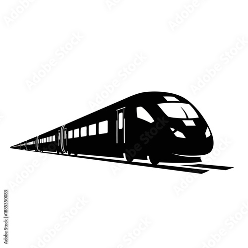 A sleek black train speeding along a track in a minimalist illustration