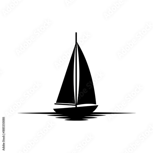 A simple black sailboat on calm water with a white background