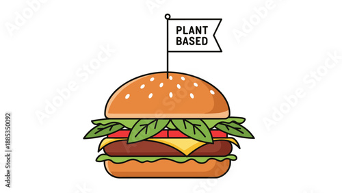 Delicious plant-based burger with fresh green leaves, tomato, and cheese is marked with a flag to indicate its vegan or vegetarian status.