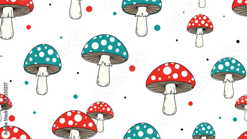 Seamless pattern showcasing colorful fly agaric mushrooms with red and teal caps decorated with white polka dots.