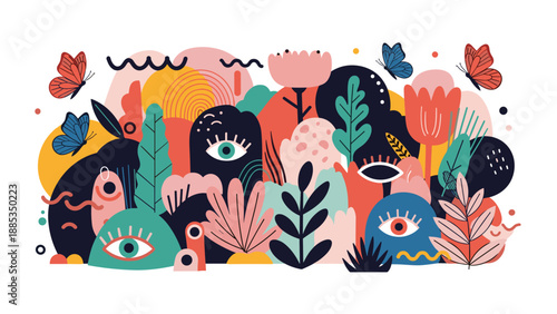 Whimsical abstract garden illustration filled with colorful plants, flying butterflies, and mysterious eyes in a collage of doodles.