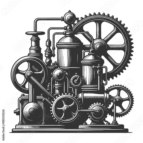 retro mechanical engine featuring large gears, pipes, valves, and pressure gauges in steampunk style sketch engraving generative ai vector illustration. Scratch board imitation. Black and white image.