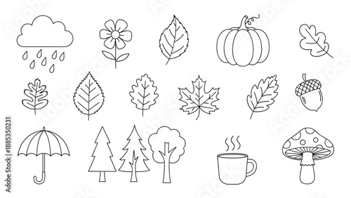 Set of autumn themed line art icons including pumpkins, leaves, acorns, clouds with rain, and trees for seasonal design projects.