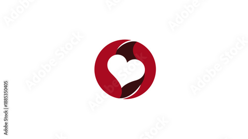 Abstract logo, a white heart shape nestled in a red circle, on a simple, white background