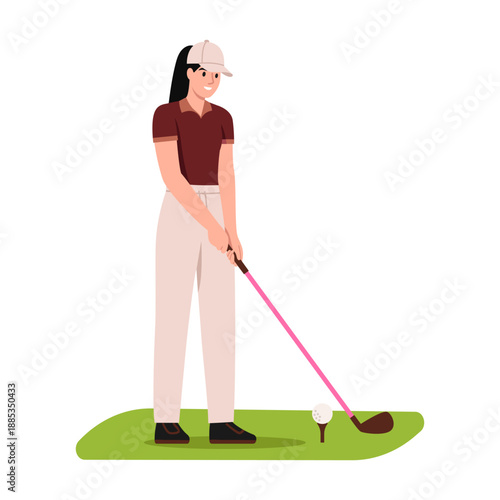 Vector illustration of a girl athlete playing golf. Cartoon scene of a smiling girl in a cap, t-shirt, pants, standing on a green field, holding a club to hit the ball, isolated on a white background.