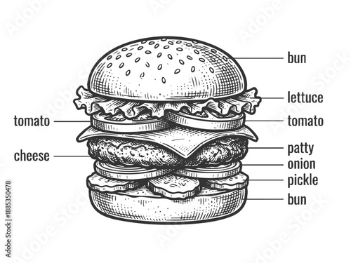 hamburger with labeled ingredients including bun, patty, cheese, tomato, lettuce, and sauce sketch engraving generative ai vector illustration. Scratch board imitation. Black and white image.