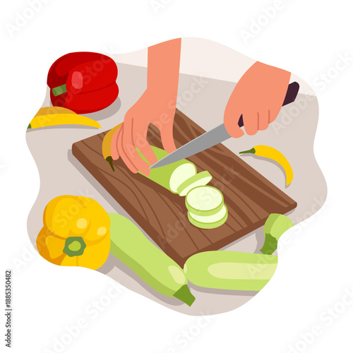Vector illustration of top view of hands cutting vegetables on a board. Cartoon scene of cutting on a wooden board healthy vegetables: zucchini,bell peppers,chili peppers isolated on white background.