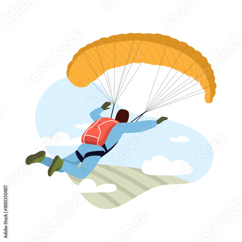Vector illustration of a brave solo skydiver. Cartoon scene, a man in special equipment flies in the air with an open parachute, land plots isolated on white background. Extreme leisure, sport.