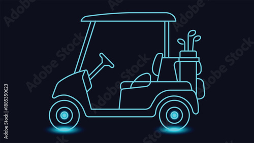 Neon glowing golf cart illustration on dark background showing modern sport transport leisure vehicle and golf course mobility in clean minimal outline style