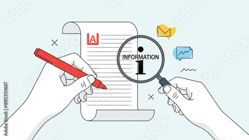 Person holding a magnifying glass to inspect a document while another hand writes with a red pen symbolizing research and analysis.