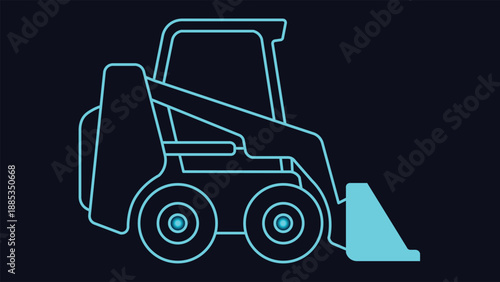 Neon glowing skid steer loader illustration on dark background showing construction machinery heavy equipment industry work vehicle with modern minimal line design