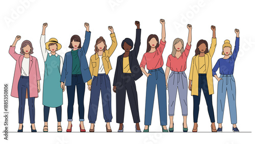 Group of diverse women standing together with raised fists in a powerful display of female empowerment and social justice.