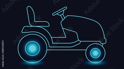 Neon glowing lawn mower tractor illustration on dark background showing gardening equipment outdoor maintenance yard work with modern minimal line style design