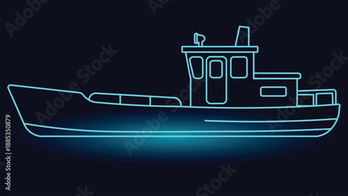 Neon glowing work boat illustration on dark background showing marine transport vessel harbor industry shipping service with modern minimal line style design