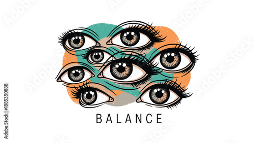 Collage of realistic illustrated eyes looking in different directions over abstract colored blobs with the word balance at the bottom.