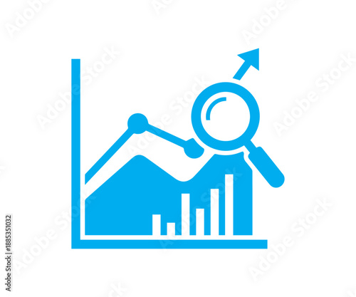 This informative blue icon illustrating a magnifying glass examining upward trending market data on a combined chart is isolated on a white.