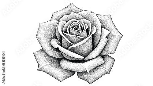Beautiful rose flower in full bloom created with detailed stipple and dot work in a classic black and white engraving style.