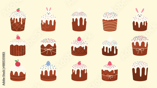 Set of traditional easter cakes or kulich decorated with white icing, colorful sprinkles, fruits, and cute bunny ears on yellow.