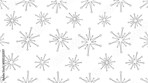 Seamless pattern of black hand drawn starburst or snowflake shapes on a white background for a minimal and artistic look.