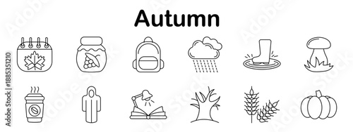 Autumn set icon. Tree, pumpkin, leaves, rain cloud, book, hot drink, wheat, backpack, boots, mushroom, calendar, scarecrow in clean outline design