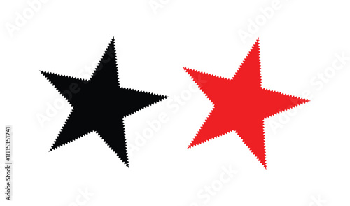 Two star shapes with serrated edges, one black and one vibrant red, perfect for awards or ratings