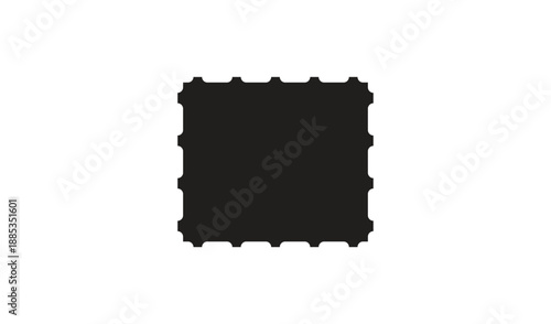 Square shape with notched corners resembling a stamp or puzzle piece, bold black design element