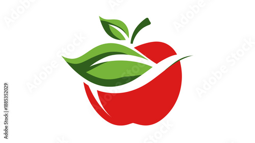 Simplified illustration of a red fruit with a green leaf design, isolated on a white background