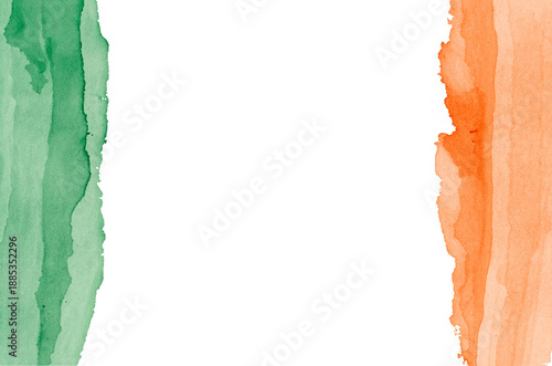 Banner for St. Patrick's Day celebrations.  watercolor splashes in green and orange tones on a white background. 