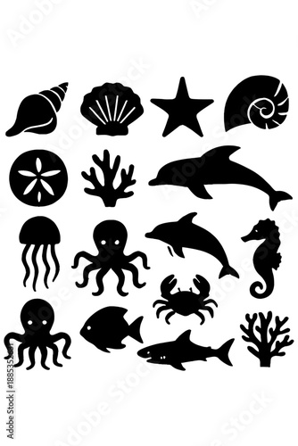 set of vector silhouettes of animals,
Black Ocean Icons Featuring Marine Life and Shells