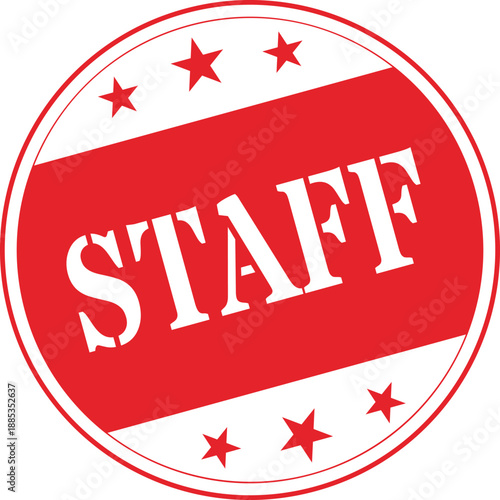 Tilted Circular Red STAFF Rubber Stamp with Decorative Stars and Texture.