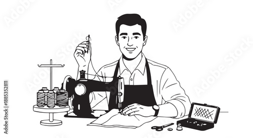 Skilled tailor at a sewing workshop working with a vintage sewing machine.