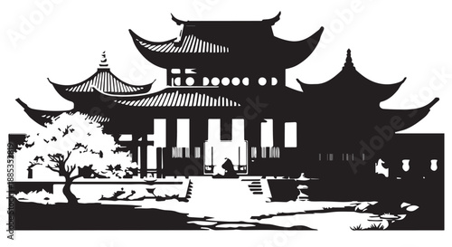 Silhouette of a traditional Asian temple complex with sweeping pagoda rooftops and ornate architecture.