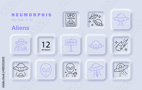 Aliens set icon. Displays UFOs, meteors, alien faces, spacecraft, sightings, Area 51 signs, abduction scenes in neumorphic blocks with space and extraterrestrial visuals