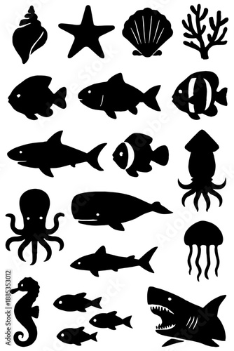 set of sea animals,
Marine Life and Ocean Shells Black Silhouette Icons