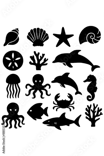 set of vector sea fish icons,
Marine Life and Seashells Silhouette Icon Pack