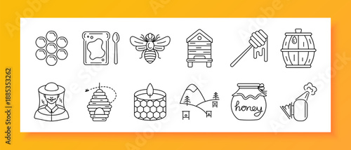 Beekeeping set icon. Bee, hive, honeycomb, honey, jar, beekeeper, apiary, spoon, barrel, mountain, flower, nectar, production, wax, tool, nature, insect, organic, apiary, honeybee