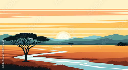 Serene African Savannah Sunrise Vector Illustration with Acacia Tree and Winding River