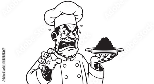 Angry cartoon chef presenting a plated dish in a lively kitchen scene illustration.