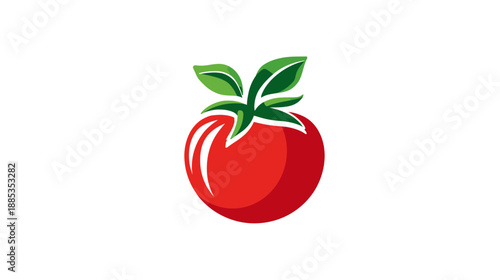A stylized illustration of a red, ripe fruit, featuring green leaves on top