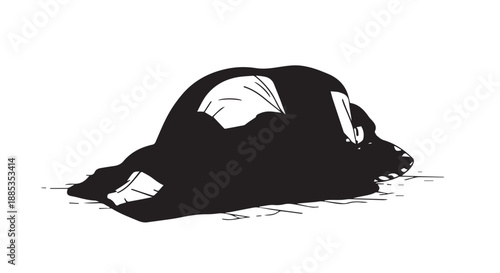 Monochrome silhouette of a cap lying on the ground in a quiet outdoor setting.