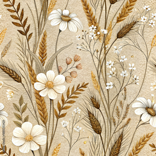 Cozy Boho Felted Floral Seamless Pattern Bundle in Neutral Beige and Brown, Cottagecore Digital Paper for Fabric Design