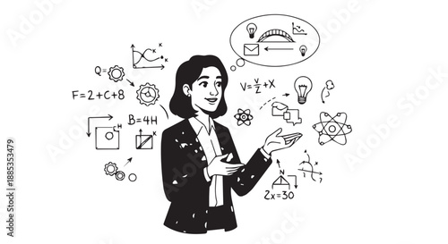 Illustrated female scientist presenting ideas with formulas and diagrams in a classroom scene.