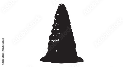 Silhouette of a tall coniferous tree cone against a plain white background.