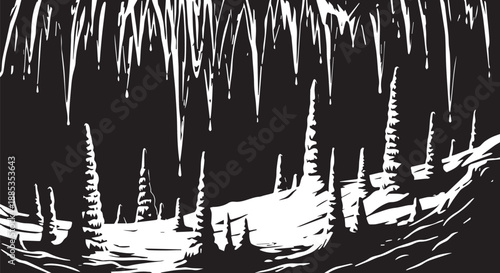 Monochrome cavern interior featuring jagged icicles and stark stalactites across a reflective, shadowed cave floor.