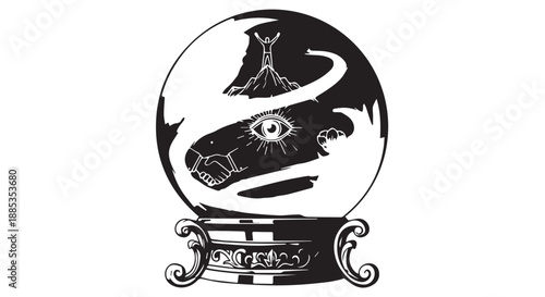 Mystic dragon within crystal ball emblem featuring ornate globe and arcane design.