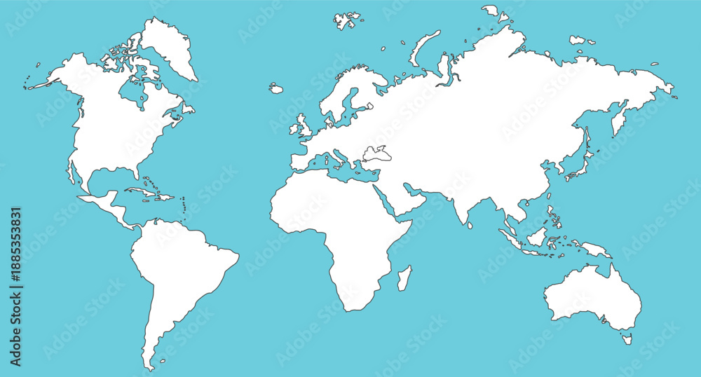 Obraz premium World map icon vector isolated. white and black flat world map in blue water background. Earth geography, map silhouette, earth vector symbol. Hand drawn world map vector. Vector illustration.
