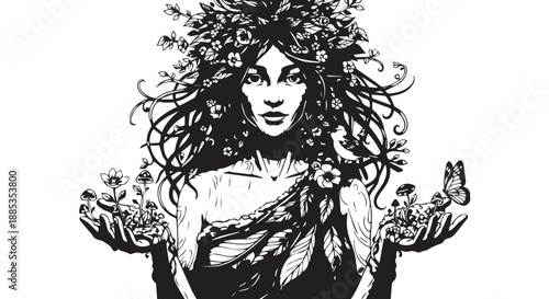 Mystical female figure illustration with flowing hair and open hands.